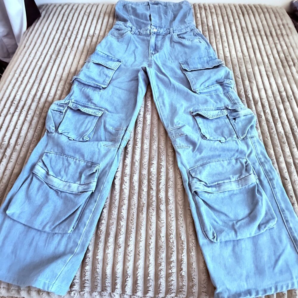 Fashion Nova Dixie Denim Cargo Jumpsuit Strapless Wide Leg Women’s M